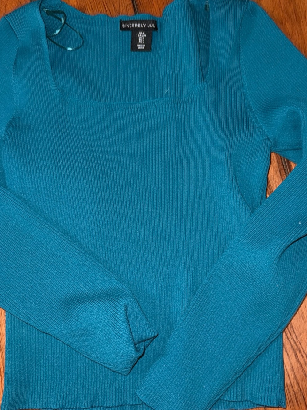 Sincerly Jules Teal Ribbed Square-Neck Sweater